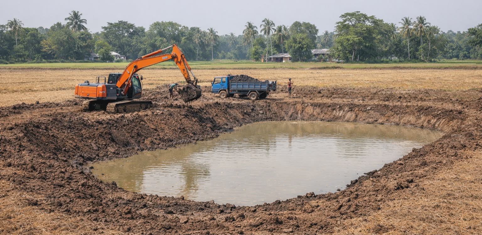 রাজশাহীর পুঠিয়া উপজেলার শিলমাড়িয়া ইউনিয়নে রাতের অন্ধকারে উর্বর ধানি জমি খনন করে তৈরি হচ্ছে পুকুর।